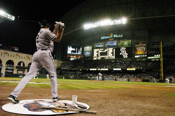 Chicago White Sox Scott Podsednik warms up in the on deck circle during the fifth inning of game three of the World Series against the Houston Astros at Minute Maid Park in Houston, Texas Tuesday 25 October 2005.