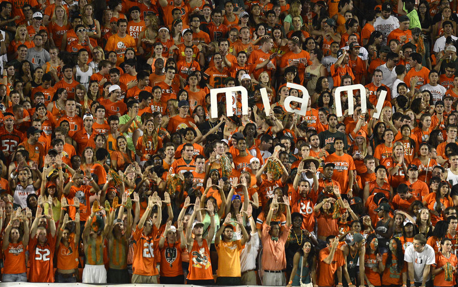  Miami Hurricane fans during the NCAA football game between the University of Miami Hurricanes and the Florida State University Seminoles at Sun Life Stadium in Miami, Florida.