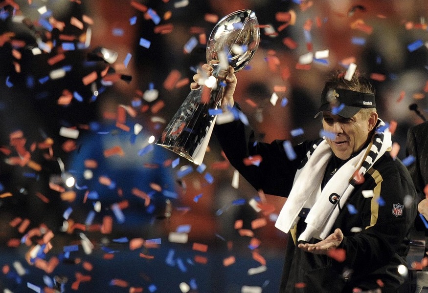 New Orleans Saints head coach Sean Payton holds up the Vince Lombardi trophy after the Saints defeated the Colts 31-17 in Super Bowl XLIV at Sun Life Stadium in Miami, Florida, USA, 07 February 2010.