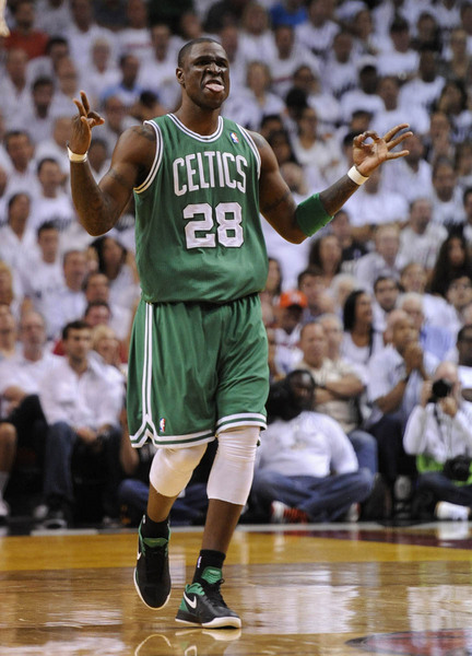  Boston Celtics Mickael Pietrus celebrates a three point basket against the Miami Heat in game five of the Eastern Conference Finals at the American Airlines Arena in Miami, Florida, USA, 05 June 2012.