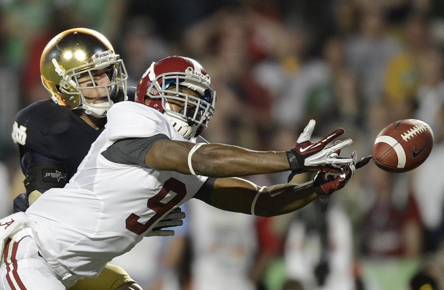 Alabama's Amari Cooper (9) during the Alabama Crimson Tide versus Notre Dame Fighting Irish in the Discover BCS National Championship Game at Sun Life Stadium in Miami Gardens, Florida.