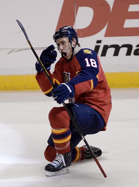 Florida Panthers Shawn Matthais celebrates his goal against the Winnipeg Jets' during the second period of their NHL hockey game in Sunrise, Florida March 5, 2013