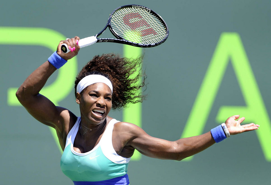 Serena Williams of the USA returns the ball against Maria Sharapova of Russia during their women's final match at the Sony Open tennis tournament in Miami, Florida, USA, 30 March 2013.