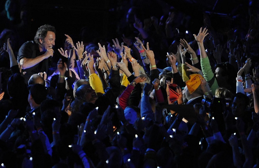 Bruce Springsteen performs during halftime of Super Bowl XLIII between the Pittsburgh Steelers the Arizona Cardinals.