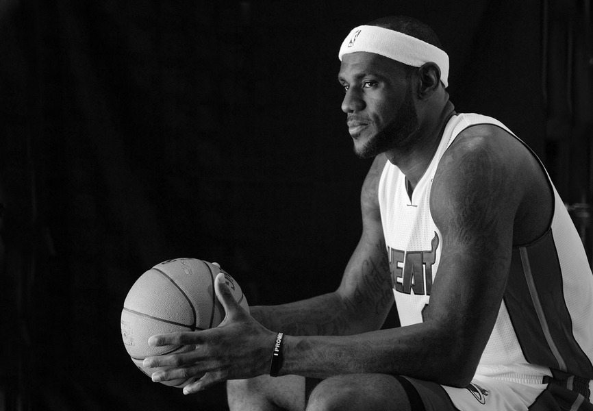 Miami Heat forward LeBron James poses during media day in Miami, Florida