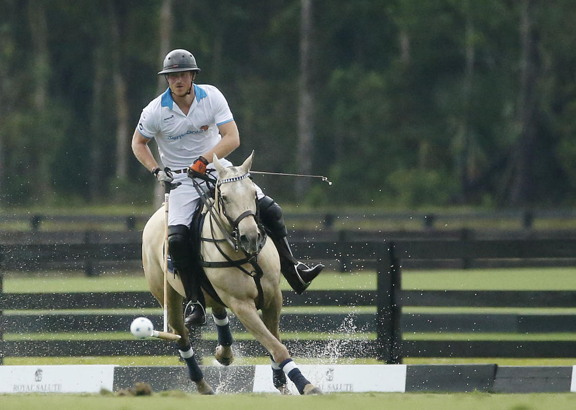 Prince Harry competes during the Sentebale Royal Salute Polo Cup 2016 at the Valiente Polo Farm in Wellington, Florida.