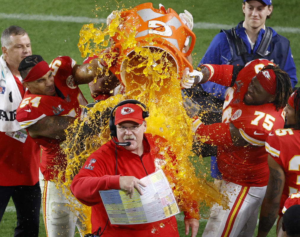 Kansas City Chiefs head coach Andy Reid (C) has Gatorade dumped on top of him by his players during the last seconds of Super Bowl LIV at Hard Rock Stadium in Miami Gardens, Florida, USA, 02 February 2020.