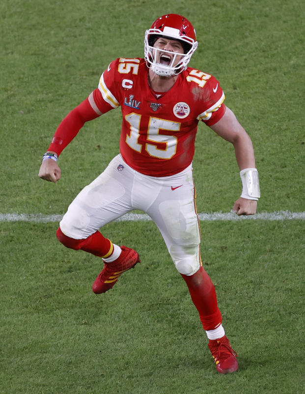 Kansas City Chiefs quarterback Patrick Mahomes celebrates after the go-ahead touchdown against the San Francisco 49ers in the fourth quarter of the National Football League's Super Bowl LIV at Hard Rock Stadium in Miami Gardens, Florida, USA, 02 February 2020.