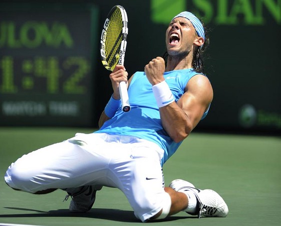 Rafael Nadal of Spain celebrates match point against  Tomas Berdych of Czech Republic following their semifinals match at the Sony Ericsson Open on Key Biscayne Florida.