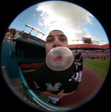  Florida Marlins Matt Treanor blows a bubble gum bubble prior to the start of the game against the St. Louis Cardinals at Dolphins Stadium in Miami, Florida.