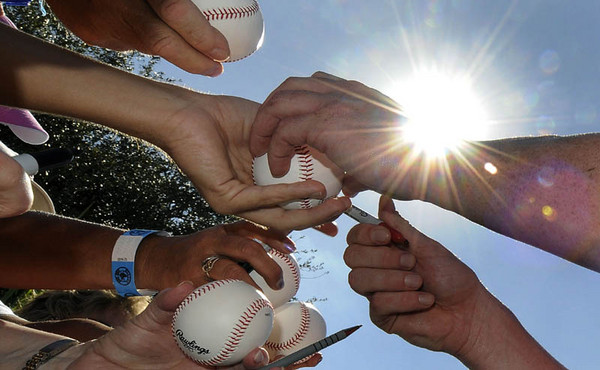  Boston Red Sox pitcher Jon Lester signs autographs during spring training at the Red Sox facility in Fort Myers, Florida. 