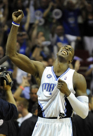 Orlando Magic center Dwight Howard celebrates after defeating the Cleveland Cavaliers in the finals playoff game six at the Amway Arena in Orlando, Florida USA 30 May 2009.