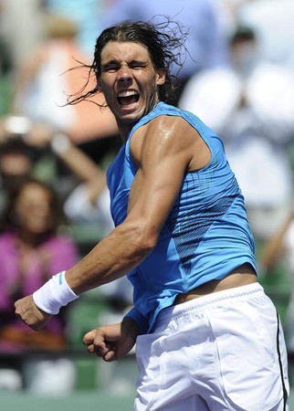 Rafael Nadal of Spain celebrates match point against  Tomas Berdych of Czech Republic following their semifinals match at the Sony Ericsson Open on Key Biscayne Florida USA, 04 April 2008.