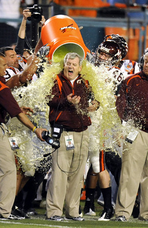 Virginia Tech head coach Frank Beamer gets doused with Gatorade after defeating the University of Cincinnati at the FedEx Orange Bowl game at Dolphins Stadium in Miami, Florida.