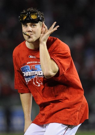 Boston Red Sox pitcher Jonathan Papelbon celebrates after the Red Sox defeated the Cleveland Indians 11-2 in game seven of the American League Championship Series at Fenway Park in Boston Massachusetts