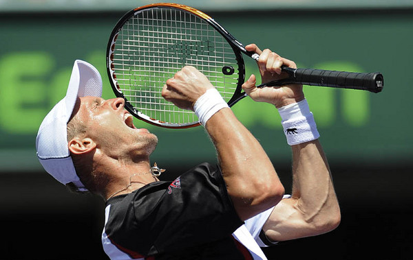Nikolay Davydenko of Russsia celebrates match point against Rafael Nadal of Spain following their finals match at the Sony Ericsson Open on Key Biscayne Florida