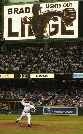 Houston Astros pitcher Brad Lidge delivers a pitch against the St Louis Cardinals during the ninth inning of game three of the National League Championship Series at Minute Maid Park in Houston, Texas Saturday 15 October 2005. 