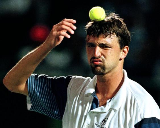 Goran Ivanisevic reacts after blowing match point at the Lipton Tennis Championships on Key Biscayne, Florida.