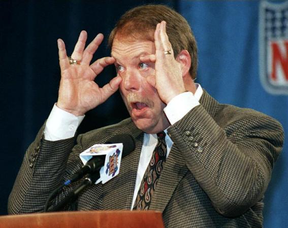 Green Bay Packers head coach Mike Holmgren asks the media if their eyes were open at a press conference the morning after Green Bay won Super Bowl XXXI at the Louisiana Superdome in New Orleans, Louisiana.