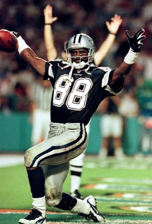 Dallas Cowboys receiver Michael Irvin celebrates his touchdown against the Miami DOlphins at Pro Player Stadium in Miami, Florida.